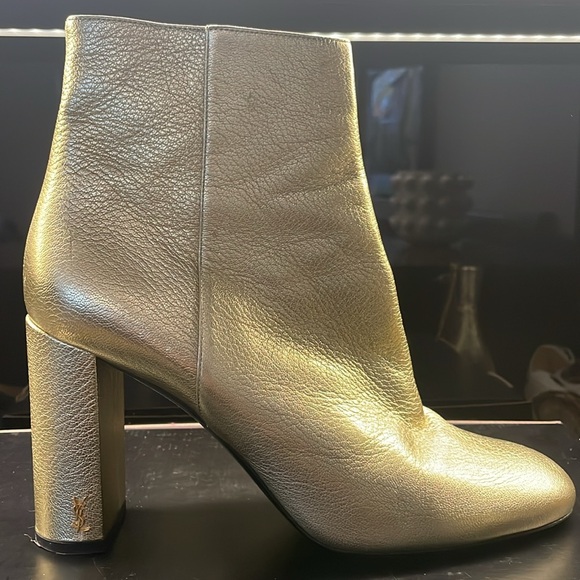 Ladies light gold Saint Laurent Paris ankle boots, YSL logo metal on heel - Picture 2 of 7